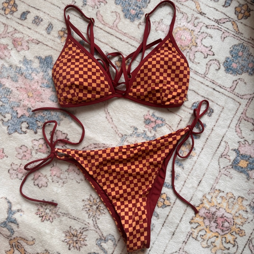 RVCA Maroon and Orange Checkered Tie-Side Bikini